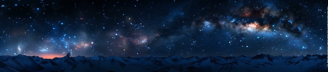 Obraz premium Panoramic night sky with vibrant Milky Way galaxy stretching across mountain silhouettes, featuring glowing nebulas and starry cosmos in deep blue tones.
