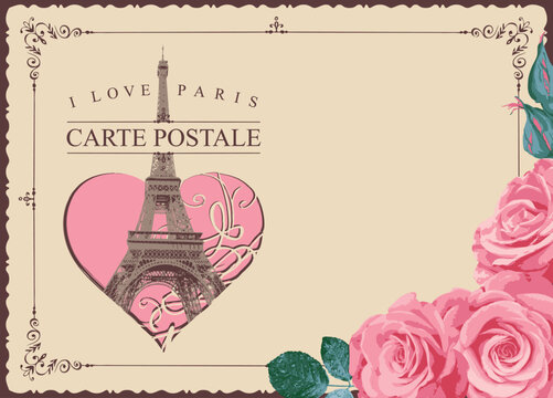 Vector tourist postcard with Eiffel Tower in Paris and words I love Paris. Valentine's day card in vintage style with roses and heart sign. French language school. Flyer, advertising banner. No ai use
