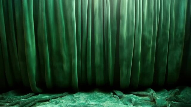 Rich green velvet curtains create an elegant backdrop for performances or photography in a dimly lit studio setting