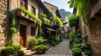 Ancient alleyway lined with historical structures surrounded by greenery showcasing a rich cultural heritage and rustic charm