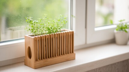 Rectangular wooden planter with vertical slats, circular cut-out, lush green plants, slender stems, small leaves, frosted window, blurred greenery, white pot, cozy indoor garden scene.