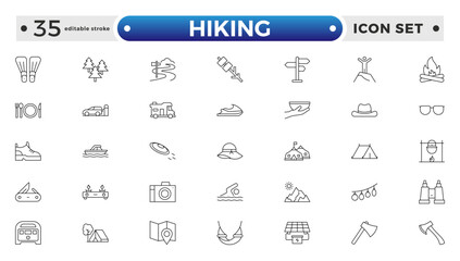 Hiking icons of outdoor survival: tent icon, backpack badge, hiking boots tag, survival map file, campfire board, mountain chart, adventure bubble, wilderness symbol. Editable stroke outline icon.
