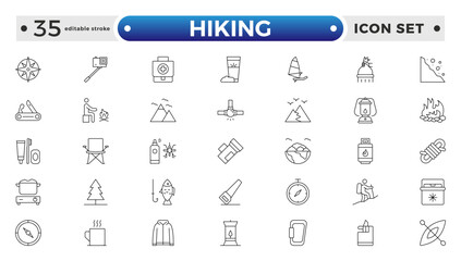 Hiking icons of outdoor survival: tent icon, backpack badge, hiking boots tag, survival map file, campfire board, mountain chart, adventure bubble, wilderness symbol. Editable stroke outline icon.
