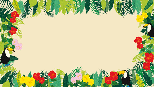 夏にぴったりの南国素材フレーム3（16:9） Summer Tropical Set  Frame with Leaves and Flowers