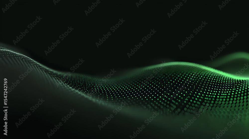 Poster flowing green particle wave on dark background creates dynamic digital landscape with glowing dots f