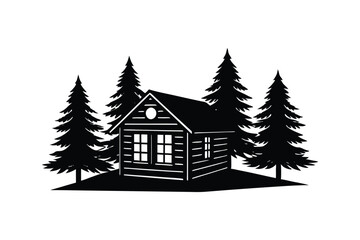 A black silhouette art of a small wooden cabin in the woods.eps