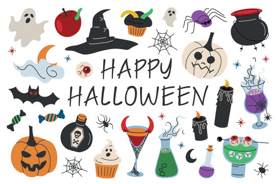 Flat cartoon vector illustration set of Halloween costume party accessories with handwritten Happy Halloween lettering. Witch hat, spooky drinks and candy for autumn celebration,, festive decor icons