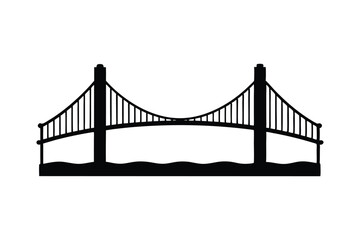 A black silhouette art of a suspension bridge stretching across water.eps