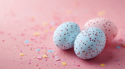 Obraz premium Speckled pastel blue Easter eggs decorated with colorful dots and confetti scattered on pink background, festive spring holiday celebration composition.