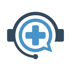 medical call center icon, headset with speech bubble symbol, telemedicine logo symbol, healthcare remote assistance sign