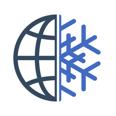 globe icon with snowflake symbol, air conditioning symbol, cold weather sign, new ice age pictogram