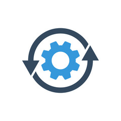 gear wheel with two arrows sign, sync process vector icon, workflow symbol, agile development concept