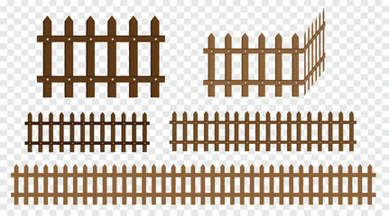 Wooden Fence Vector Set Isolated on Transparent Background