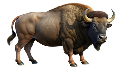 Obraz premium Muscular Brown and Black Bison Ai Generated Clipart Powerful Bovine Animal with Horns Isolated on White Background isolated on a transparent background