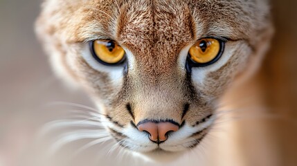 Obraz premium Close up portrait of wild cat face with intense amber eyes, detailed view of feline nose and whiskers against blurred background, dramatic wildlife photography.