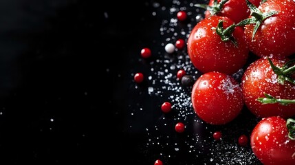 Fresh red cherry tomatoes on vine with water drops and sea salt scattered on dark background. Dramatic food photography for restaurant menu design.