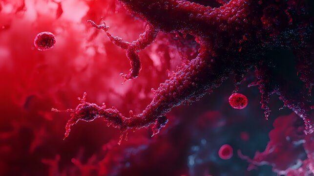 Microscopic view of red blood cells and plasma in dark red tones with floating particles and organic structures creating dramatic medical science composition.