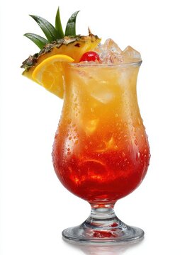 Refreshing Bahama Breeze cocktail recipe: layered orange and red drink with pineapple and cherry garnish