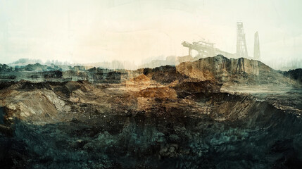 Industrial landscape with excavator at open-pit mine under hazy sky