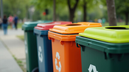 Three clearly labeled, brightly colored recycling bins (blue for Plastic, yellow for Paper, and green for Glass) stand side-by-side on a paved area, with green grass and trees in the background.