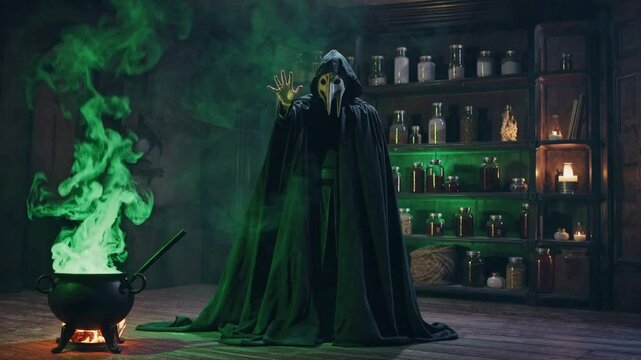 Hooded witch doctor in a shadowy potion room filled with bottles and green smoke rising from a cauldron, symbolizing witchcraft, dark fantasy, spell brewing, and Halloween magic