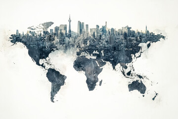 Blended world map with cityscape skyline overlay