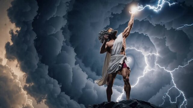 Zeus standing on a mountain peak amidst swirling clouds and lightning, raising his hand to summon thunder, symbolizing raw divine power, mythology, and celestial wrath