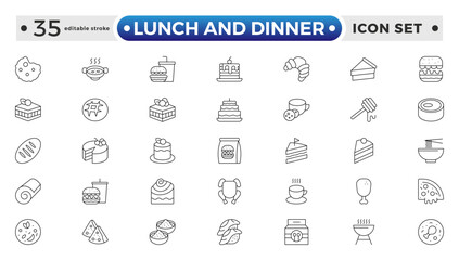 Lunch and Dinner Outline icon collection. Meal icon set. Containing food, lunch, eat, dinner, pasta, rice, pizza, salad, soup, breakfast and more. Editable stroke outline icon.
