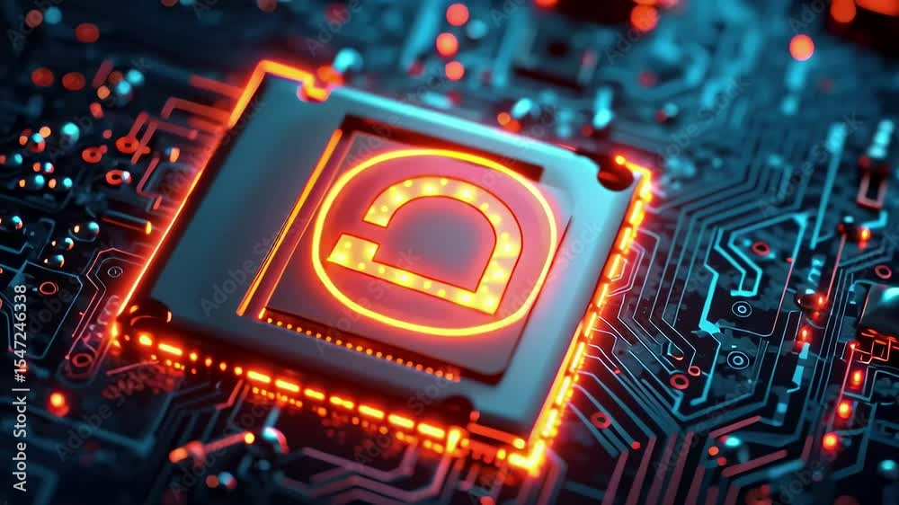 Poster close-up view of an illuminated microchip on a dark circuit board showcasing intricate electronic co