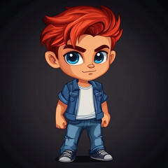 Cartoon character with red hair, blue eyes, wearing a denim jacket and jeans