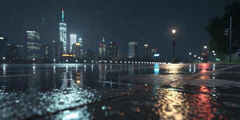 Rainy Night Cityscape Low Angle, Wet Pavement Reflection, Urban Lights, Night Photography Night photography, Cityscape photography