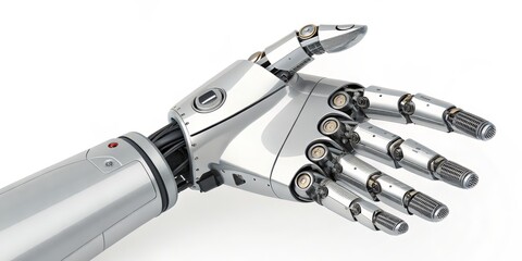 Robotic Hand Chrome Finish, Detailed Mechanism, Open Palm Gesture, 3D Render, AI, Cyborg, Robot Arm AI