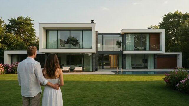 A couple stands in a lush garden in front of a modern, contemporary home with a swimming pool