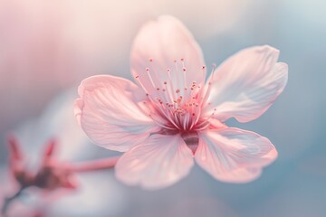 A delicate pink cherry blossom flower in soft focus against a pastel blue and pink background image