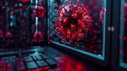 Visual representation of a virus impacting digital systems with close-up view of a virus structure and computer elements at night - Powered by Adobe