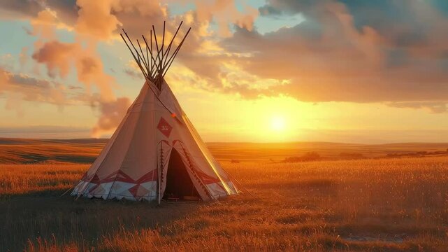 Majestic sunset behind a traditional teepee in a golden grassland landscape
