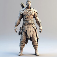 Fototapeta premium A detailed 3D model of a rugged warrior with tattered clothing and arm guards, holding arrows.