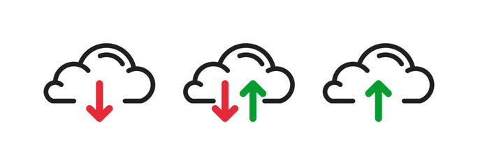 cloud storage service icon set, online hosting pictogram, upload download clouds green red arrow