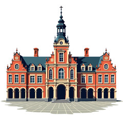 Fototapeta premium Detailed Vector Illustration of a Historic Red Brick Building with Tower and Arches, Architectural Design