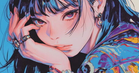 Fototapeta premium 未来都市の片隅で息づく1980年代アニメ風レトロポップな女性キャラクターとカラフルサインボードが織り成すノスタルジック＆スタイリッシュなシーンイメージ素材