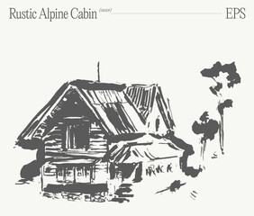 An illustration showcasing a cozy, rustic Alpine cabin set against a stunning mountain backdrop