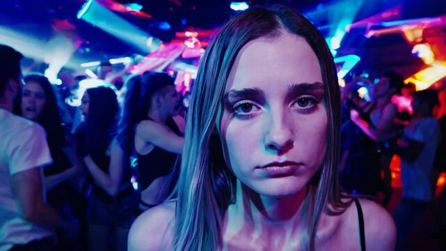 Young woman standing alone at party looking straight ahead with blank expression while colorful lights and crowd move around, symbolizing detachment and mental isolation in chaos