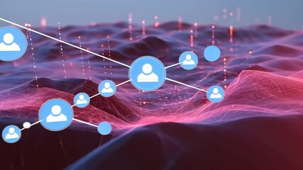 Abstract digital representation of social connections with user icons on a vibrant network background - Powered by Adobe