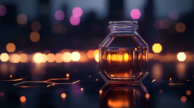 Glass octagonal jar on reflective surface with blurred bokeh lights creating magical evening atmosphere, warm orange and purple tones in background.