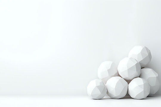 White geometric spheres with faceted polygonal surface stacked in pyramid shape against clean white background, minimalist modern design composition.