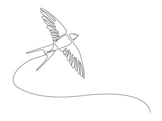 Swallow bird fly in single outline illustration. Continuous line art drawing of swallow bird. Editable stroke.