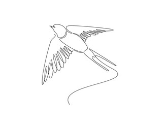 Swallow bird fly in single outline illustration. Continuous line art drawing of swallow bird. Editable stroke.