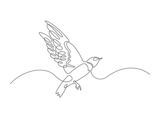 Swallow bird fly in single outline illustration. Continuous line art drawing of swallow bird. Editable stroke.