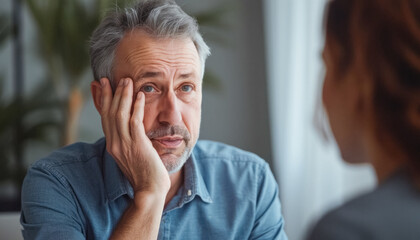 Mature caucasian man in conversation at home with female companion