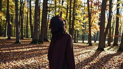Woman standing in forest during autumn season surrounded by fallen leaves, facing trees, representing seasonal outdoor lifestyle, peaceful solitude, and nature appreciation themes